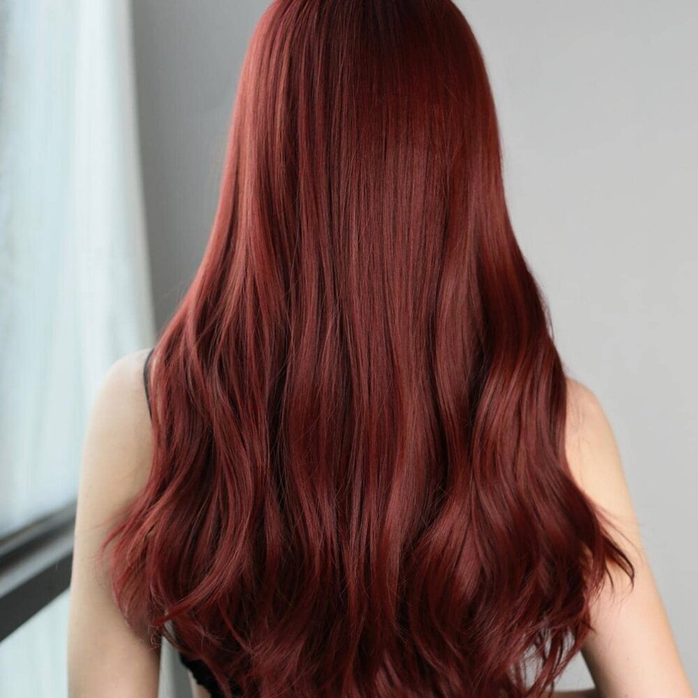 Burgundy Red Long Wavy Wig with Bangs Natural Realistic Hair look - Picture 10 of 14